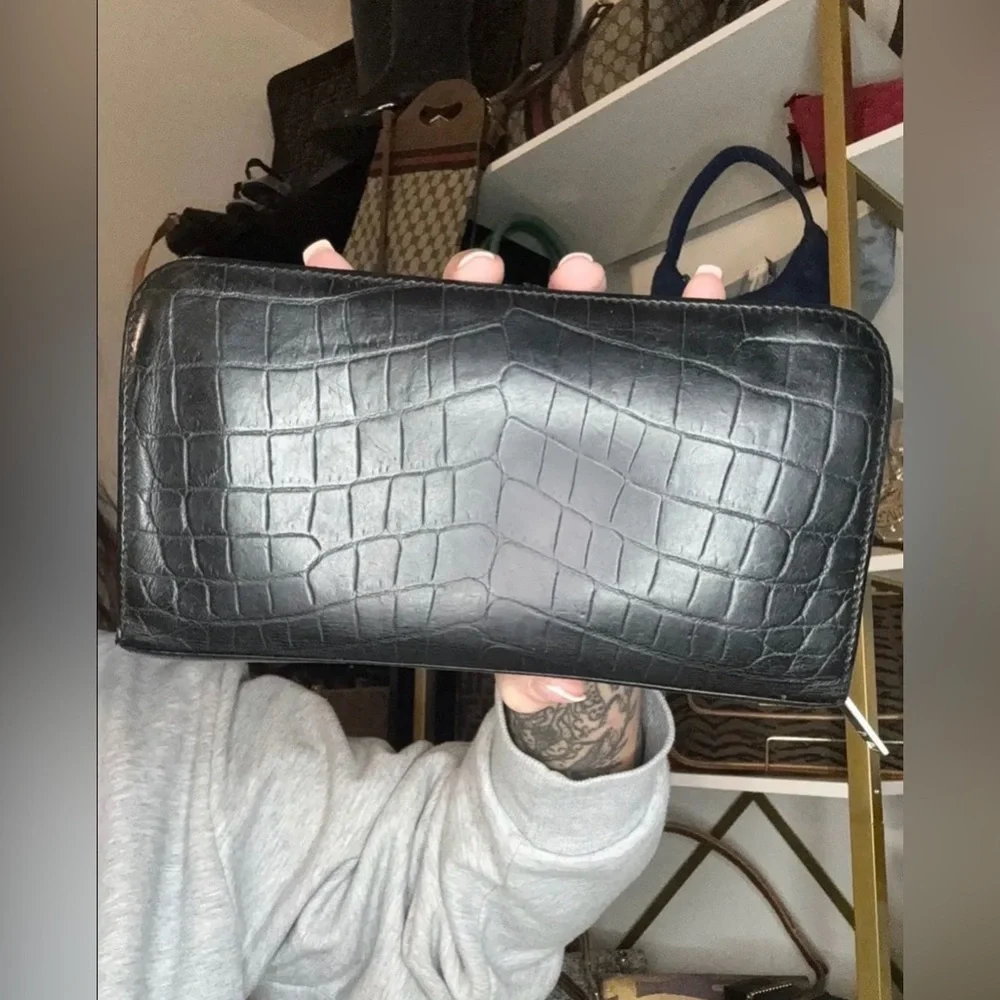 SAINT LAURENT leather croc embossed long zipper black wallet